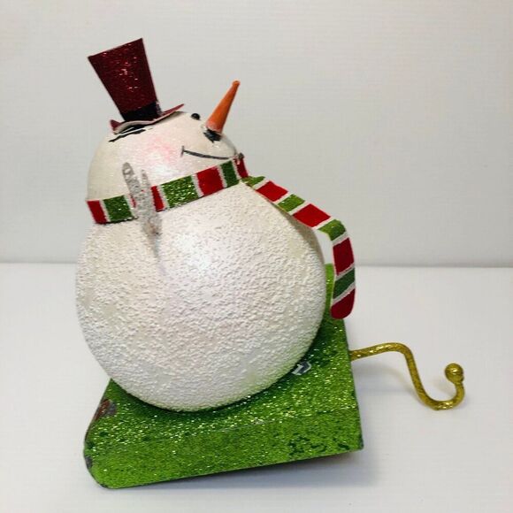 Vintage Christmas Shimmery Snowman Weighted Stocking Holder Mantel Decor - Picture 4 of 11
